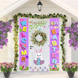 Close-up of Happy Easter and Welcome purple porch banners with rabbits and eggs