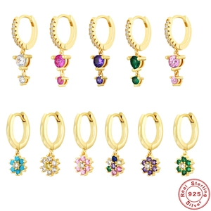 Colorful Zirconia Flower Drop Hoop Earrings With 925 Sterling Silver Earring Post Dainty Huggie Jewelry For Women