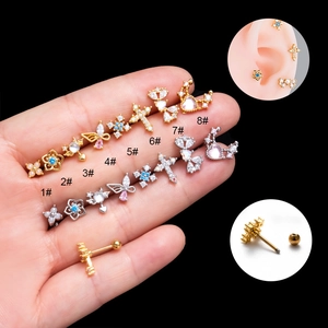 Butterfly Cross Cartilage Stud Earrings Stainless Steel Zircon Flower Heart Helix Tragus Piercing Jewelry For Women
