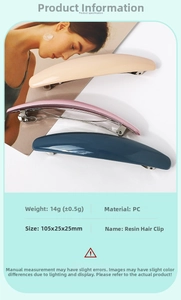 Detailed specs of minimalist resin spring hair clips measuring 105x25x25mm in three colors
