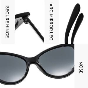 Detail view of cat eye sunglasses showing secure metal hinges and arc temple design