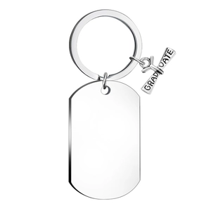 Polished silver stainless steel graduation dog tag keychain with GRADUATE scroll charm
