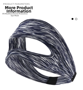 Detailed macro view of the breathable blue striped fabric and black elastic strap of the VR mask