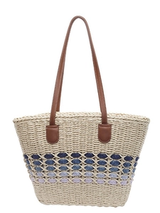 Large straw tote bag with blue gradient weave and brown shoulder straps for summer beach