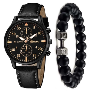 Herren-Uhrenset mit schwarzem Zifferblatt, Lederarmband und mattem Hantelarmband aus Perlen