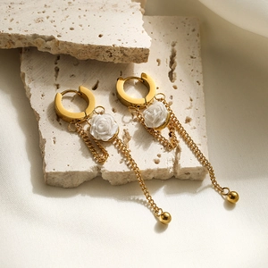 Titanium steel gold butterfly flower tassel earrings with white floral charms and chain