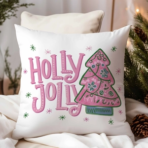 Detail of Holly Jolly Christmas pillowcase with festive tree and cozy holiday decor