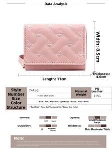 Detailed interior view of the pink PU leather tri-fold wallet with card slots and zip pocket
