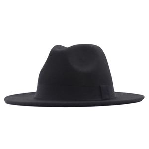 Detailed close-up of a black wide-brim wool felt fedora with a decorative tonal band