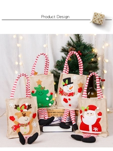 Detail of Christmas burlap gift bags featuring 3D Santa, Reindeer, and Snowman designs