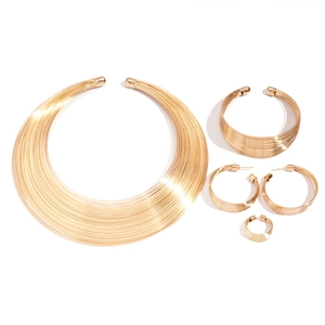 Golden 4-piece multilayer metal necklace, bracelet, earrings and ring jewelry set