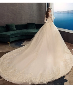 Abito da sposa champagne a maniche lunghe con un grande strascico a cattedrale e pizzo fine