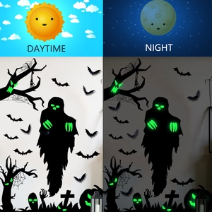 Luminous Halloween wall stickers showing ghost and bats with green glow-in-the-dark effect