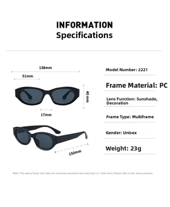 Detailed size specification chart of small cat eye sunglasses in black PC frame
