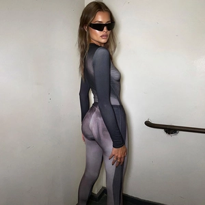 Women's 2024 bodycon long sleeve jumpsuit with artistic grey trompe l'oeil shadow print