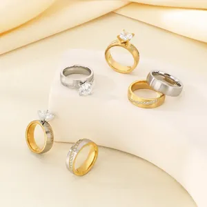 Fashion Minimalist Stainless Steel Rings With Round Zircon Brushed Finish Wedding Engagement Jewelry For Women Couples Trendy