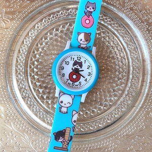 Blue kids quartz watch with cute cat and donut prints on silicone strap and white dial