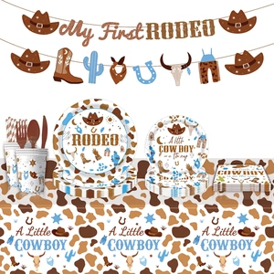 Western Cowboy Rodeo Theme Party Tableware Disposable Paper Plates Cups Napkins Banner Tablecloth Plastic Cutlery Straws