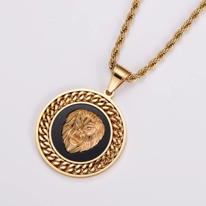Lion Head Pendant Necklace 18K Gold Plated Stainless Steel Hip Hop Bold Punk For Men