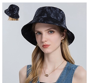 Detailed front and back views of tie-dye bucket hat in gradient black and grey tones