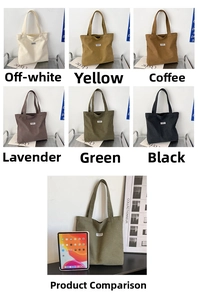 Detail of corduroy tote bags in multiple colors and capacity comparison with a tablet