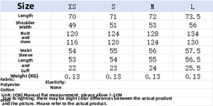 Detailed size guide table for women's loose cotton shirt with full measurements