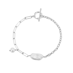 Detail of silver toggle clasp bracelet with baroque pearl and mixed chain link design