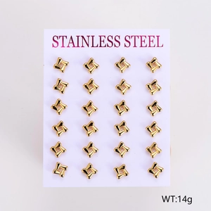 Macro view of twelve pairs of golden geometric square earrings on stainless steel card