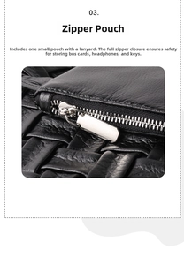 Detail of woven black leather pouch with silver zipper for cards and earphones