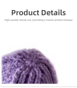 Macro shot of the knitted texture and top stitching detail of a purple children's winter hat