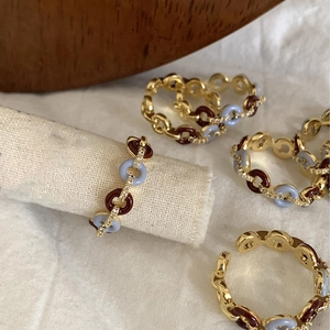 French vintage gold chain ring with blue and red enamel accents and zircon stones