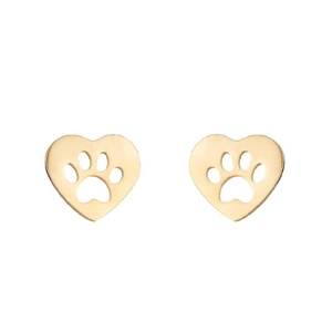 Macro detail of gold heart-shaped stud earrings with hollow pet paw print design