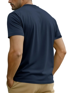 Rear view of a navy blue cotton short-sleeve T-shirt for men on a model with white background