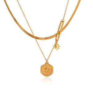 Double layered gold stainless steel necklace with snake chain and star coin pendant