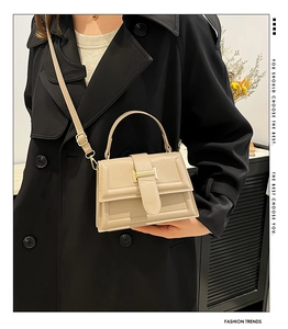 Detailed view of beige leather small square bag with gold buckle and adjustable strap