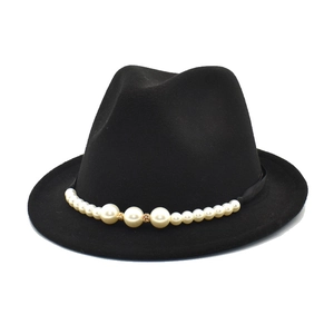 Classic black wool fedora hat with elegant pearl band and gold rhinestone accents