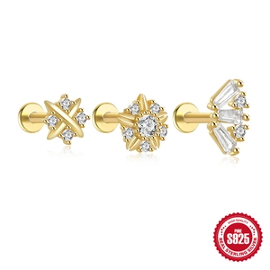 Elegante set van drie gouden S925 sterling zilveren oorknopjes met sprankelende zirkonia's