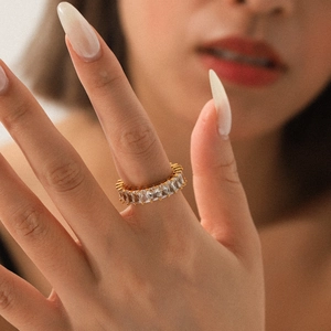 Hip hop style gold plated stainless steel ring with rectangular zircon stones for men