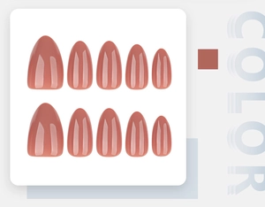 Close-up of glossy almond-shaped press-on nails in dusty rose color on a chic background