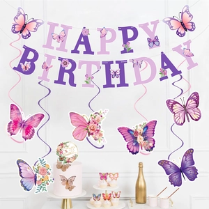 Close-up of purple and pink butterfly themed happy birthday banner and spiral decorations