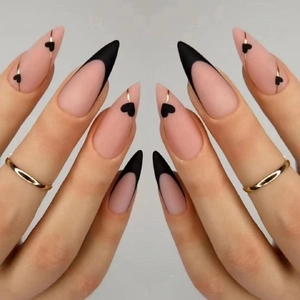 Matte Almond False Nails Nude Pink With Black French Tips Heart Design Gold Line Accents ABS Plastic For Women