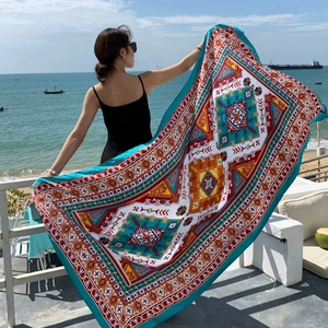Ethnic Printed Beach Shawl Scarf For Women Bohemian Large Sun Protection Wrap Thin Polyester Travel Sarong With Tassels