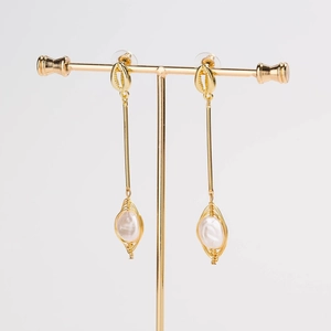 Long Drop Earrings Gold Plated Alloy Shell And Wire Wrapped Faux Artificial Pearl Bohemian Party Style Jewelry For Women