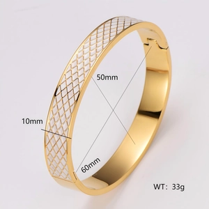 Vintage 304 stainless steel gold bangle with white enamel rhombus pattern and measurements