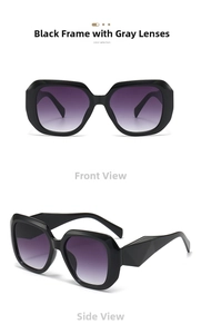 Detail of oversized geometric sunglasses with black frame and purple gradient lenses