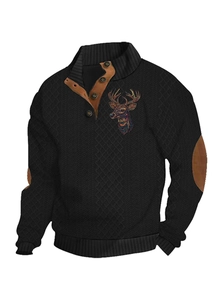 Men's black cable knit sweater with reindeer embroidery and brown elbow patches