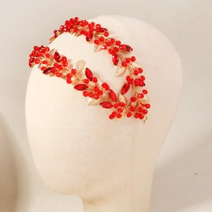 Exquisite double-layer headband with red crystals and gold leaves for bridal hair