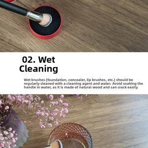 Detail showing foundation brush cleaning process with sponge and maintenance instructions