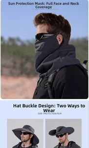 Detail of the sun protection face mask and wide brim hat with chin strap in dark grey