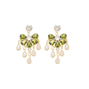 Bow-knot drop earrings with sparkling olive green and clear crystals on white background